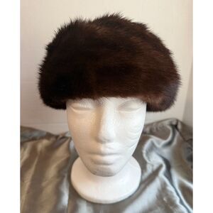 Vintage Mink Fur Hat Brown Mahogany Pillbox Beret 60s Real Fur Hat
